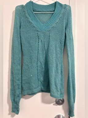 Teal V-Neck Cable Sequin Knit Women's Sweater